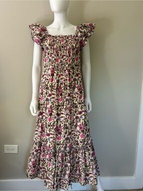 Cleobella Floral Organic Cotton Midi Dress Ruffle Sleeve Smocked Back XS